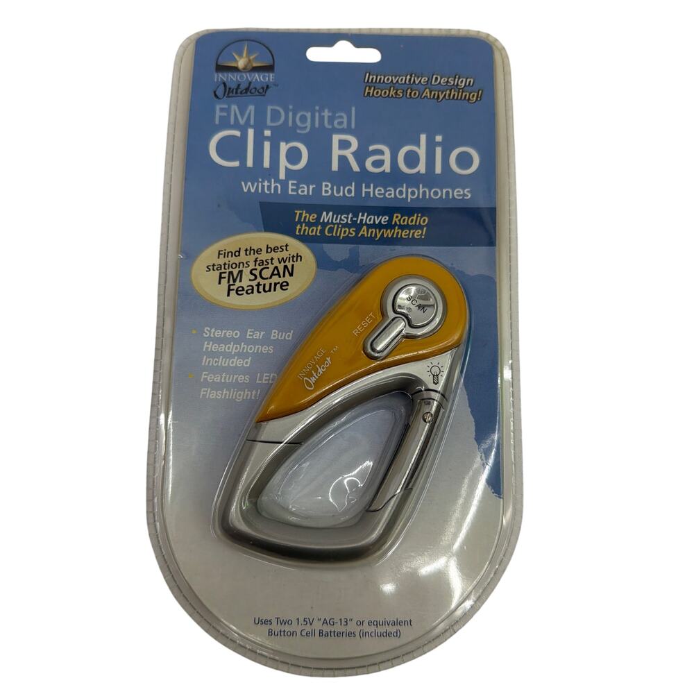 Innovage Outdoor FM Digital Clip Radio with Earbud Headphones Silver Orange